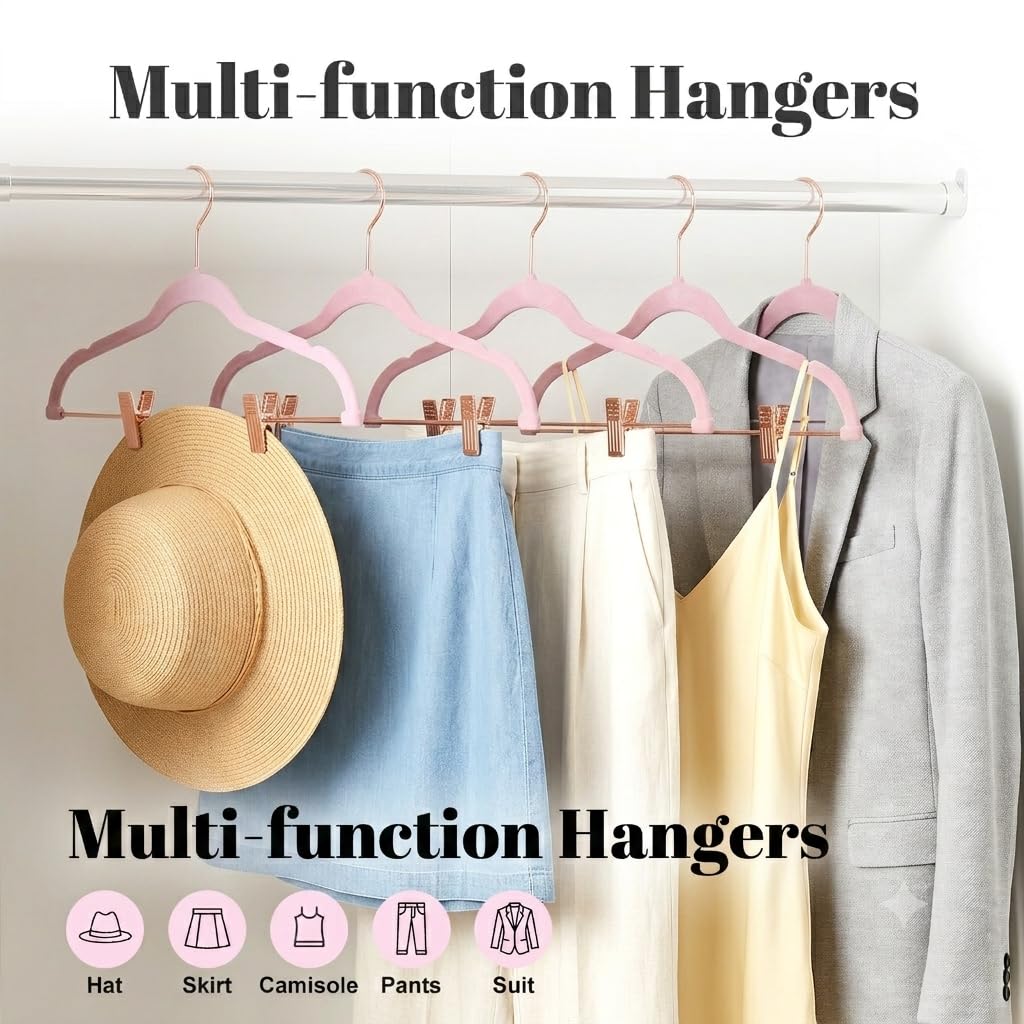 HOUSE DAY Perchas de Terciopelo con Clips, Paquete de 24 Perchas de Terciopelo ultrafinas Antideslizantes con Ganchos de Oro Rosa, Ahorro de Espacio, para Pantalones, Faldas, Jeans, Vestidos, Abrigos