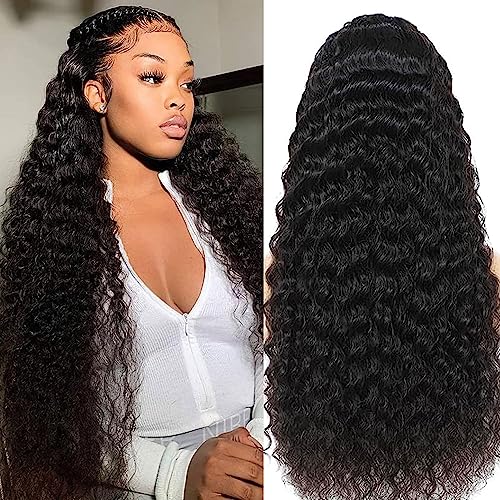 13x6 HD Lace Front Wigs Human Hair Pre Plucked 200% Density 13X6 Transparent Deep Curly Glueless Lace Frontal Wigs for Women Virgin Brazilian Human Hair Super Soft Realistic Looking 32 inch