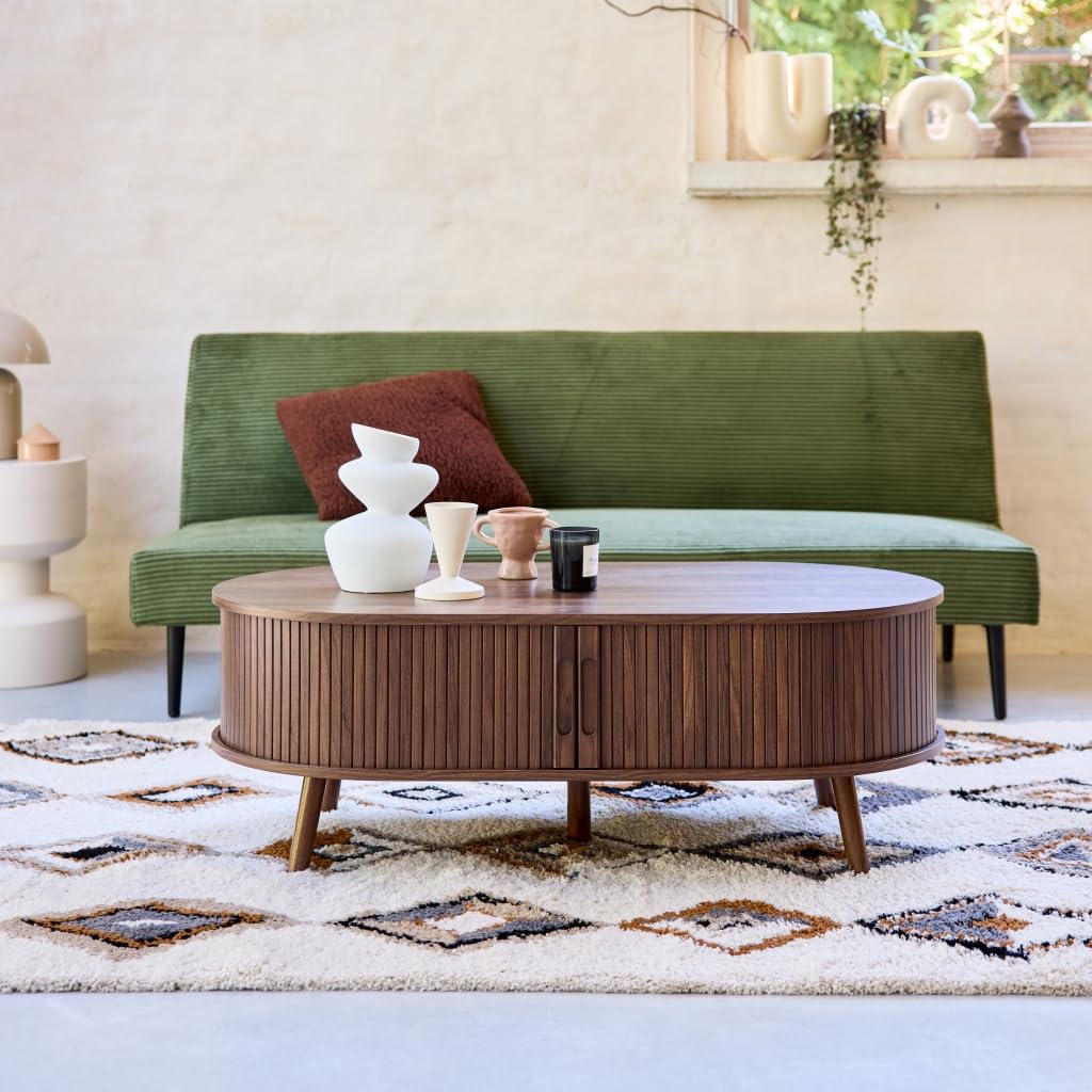 Alice's Garden sweeek - Table Basse 2 Portes coulissantes avec 3 Compartiments décor Bois rainuré Noyer. L 110 x P 59 x H 39cm
