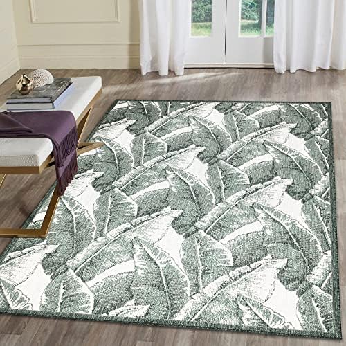 Liora Manne Malibu Low Profile Easy Care Weather Resistant Indoor/Outdoor Rug-Transitional, Decorative, Botanical, Garden, Fronds Green 4'10" x 7'6"