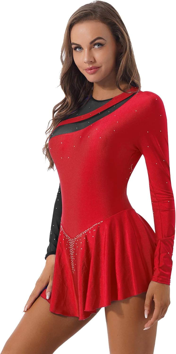 FEESHOW Women Figure Skating Dresses | Glittery Rhinestone, Lyrical Dresses, Contemporary Dance Costumes Uniforms, for Recital