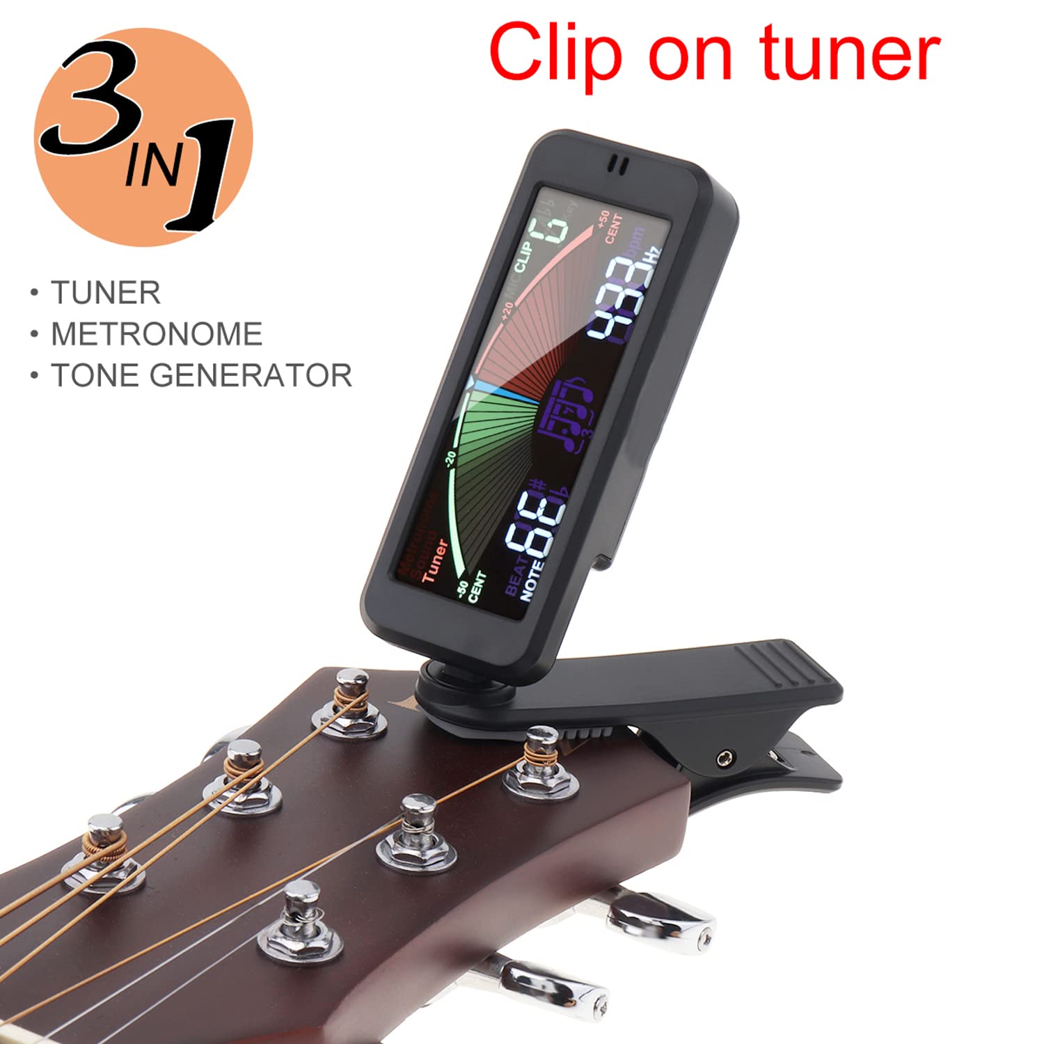Accordatori per Chitarra, metronomo Digitale 3 in 1, generatore di Suoni con Ampio Schermo LCD a Clip per Chitarra Acustica cromatica, Basso, Ukulele, Violino