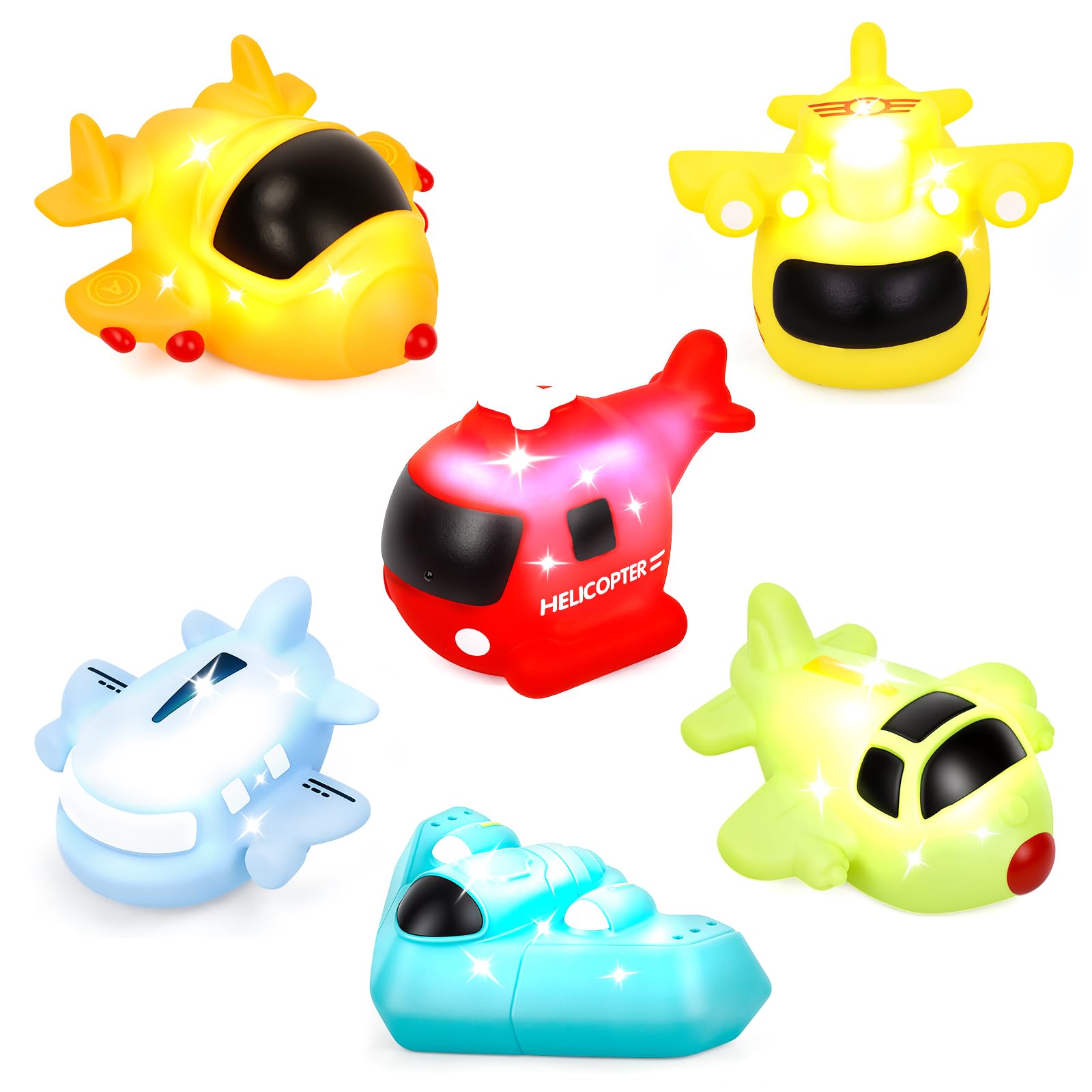 Baby Bath Toys, 6 Pack Planes Light Up Bath Toys, No Hole No Mould Bathtub Toy for 1 2 3 Year Olds, Flashing LED Sensory Toy for Toddlers, Bath Time Shower Gifts for Boys and Girls