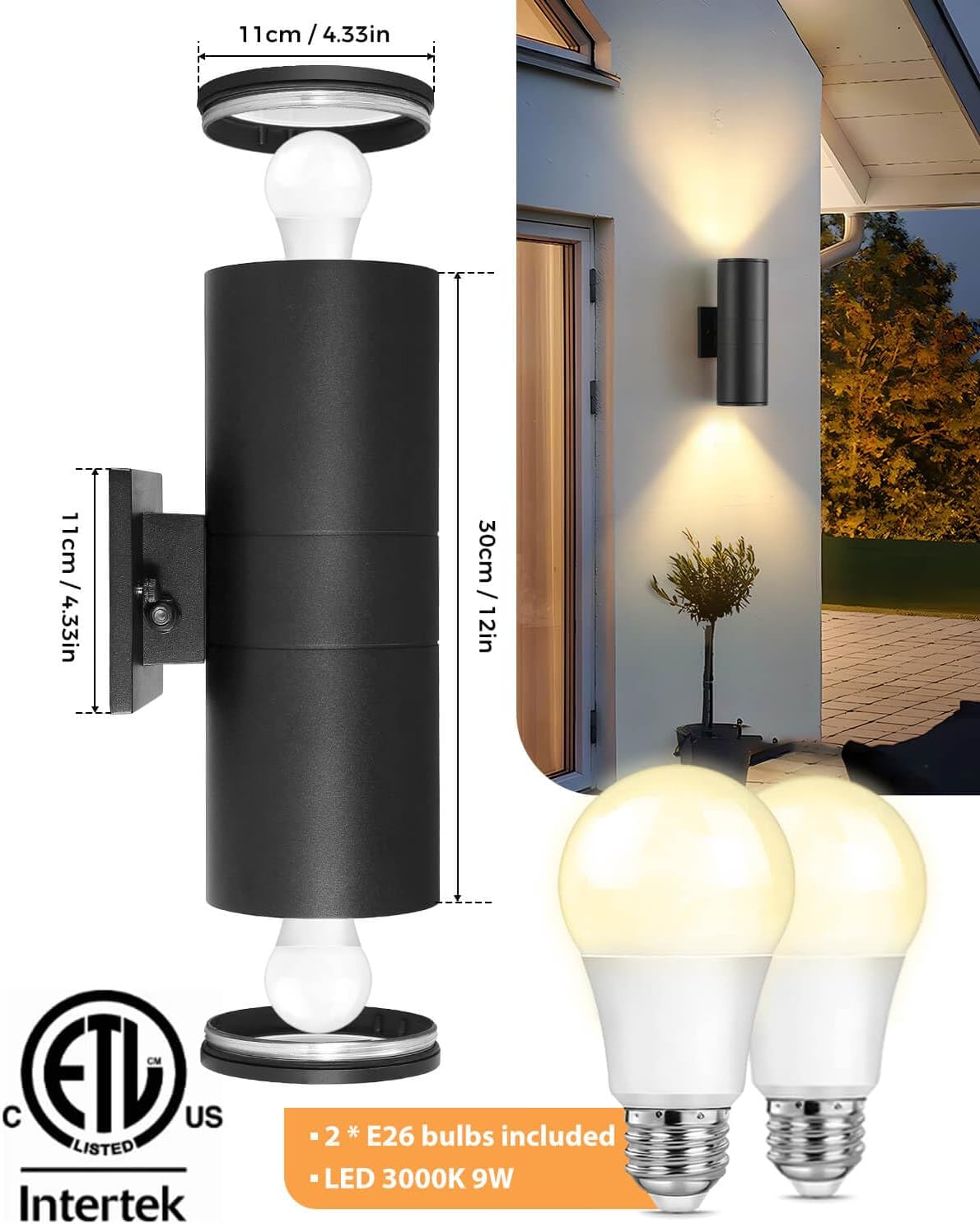 SHIMR Modern Outdoor Wall Lights Dusk to Dawn, Up and Down Light with LED Bulbs Include, Cylinder Matte Black Outdoor Sconce Lights Exterior Lighting Fixtures for House Porch Garage [ETL Listed]