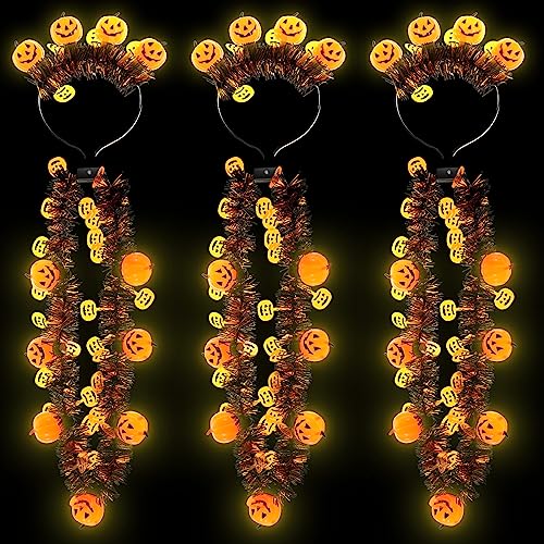 Frienda Halloween Party Accessories, 6 Pcs Halloween Pumpkin Headband Necklace Set, Tinsel 3D Light Halloween Party Necklace for Kids Trick or Treat Halloween Decorations