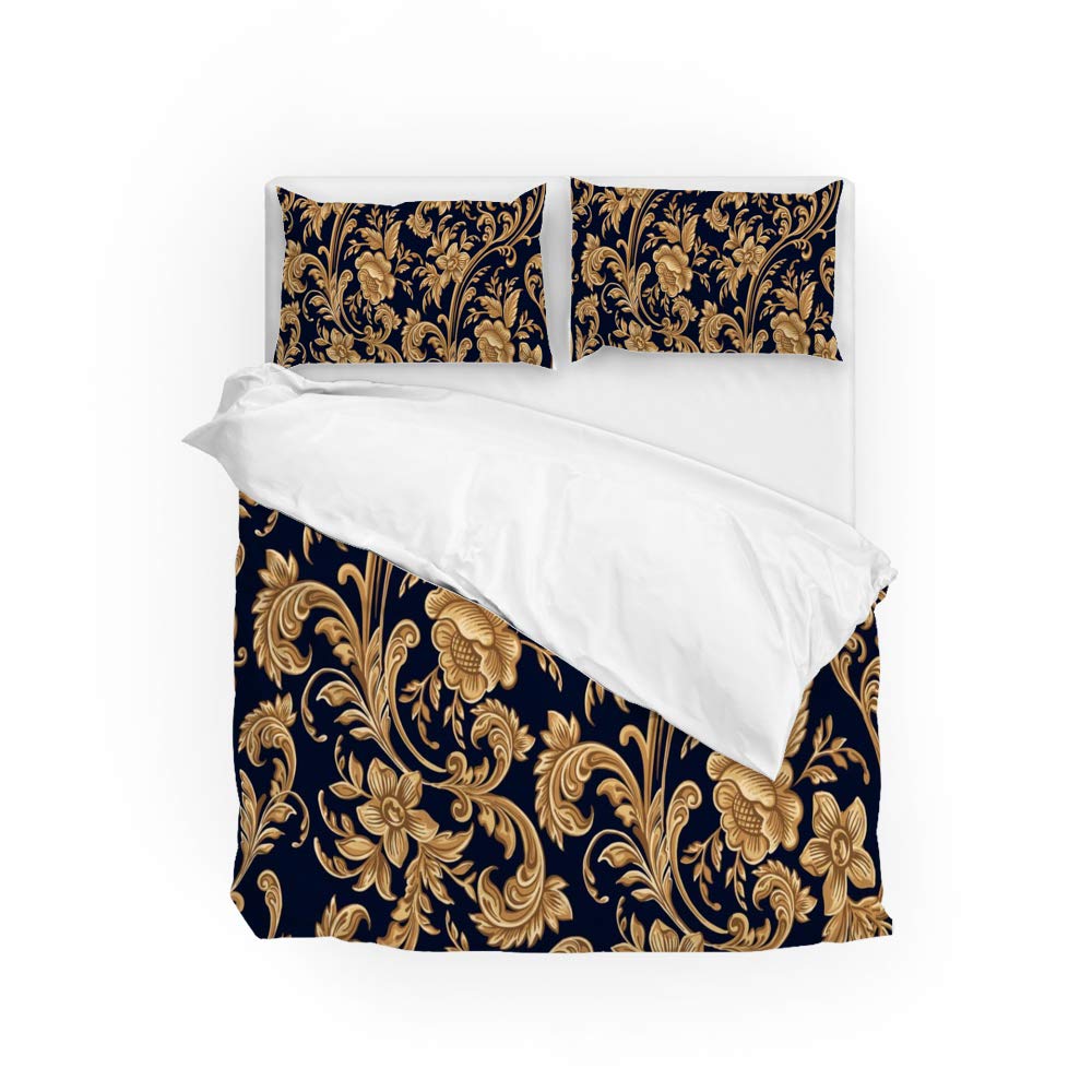 Parure de lit housse de couette floral doré 3 pièces ultra doux lit deux personnes