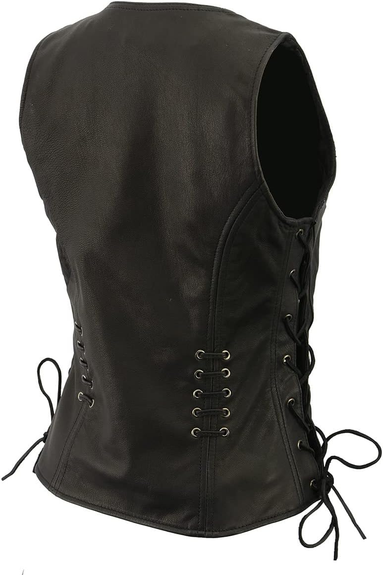 Milwaukee Leather Women's Classic V-Neck Black Leather Motorcycle Rider Vest w/Adjustable Side Laces MLL4575