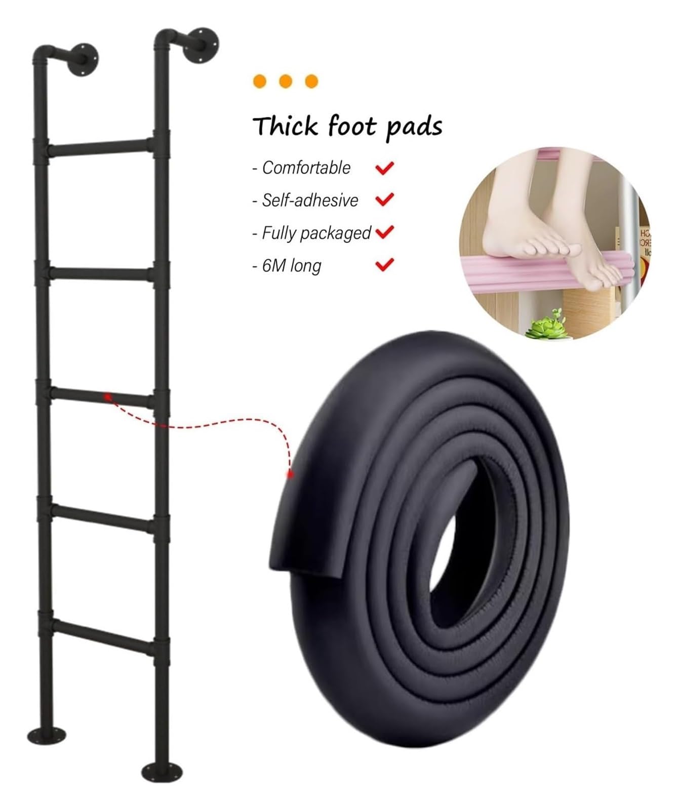 Escalera de repuesto para sótano con peldaños de 2,16 m, color negro, diseño de ahorro de espacio para fácil acceso