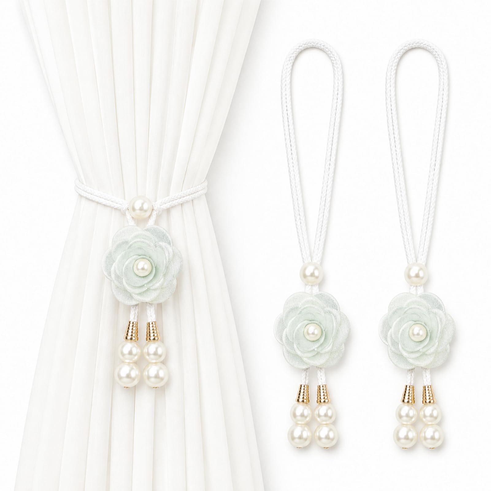 2 PCs Decorative Curtain Ropes Green Floral Tiebacks Elegant Pearl Holders
