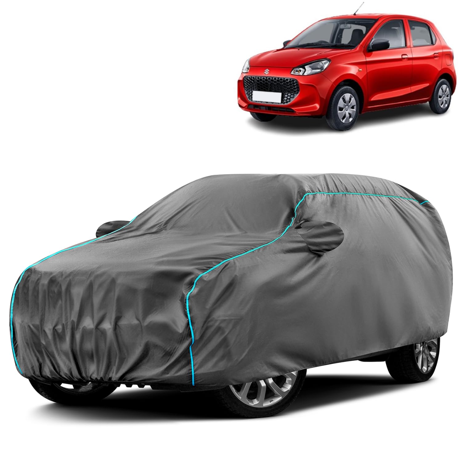 VOICO Water-Resistant Dustproof Car Cover for Maruti Suzuki Alto K10 - Mirror Pocket, UV Protection, Scratch Guard, Buckle Belt, Front & Back Bottom Elastic with Aqua Blue Piping - Grey-image-40