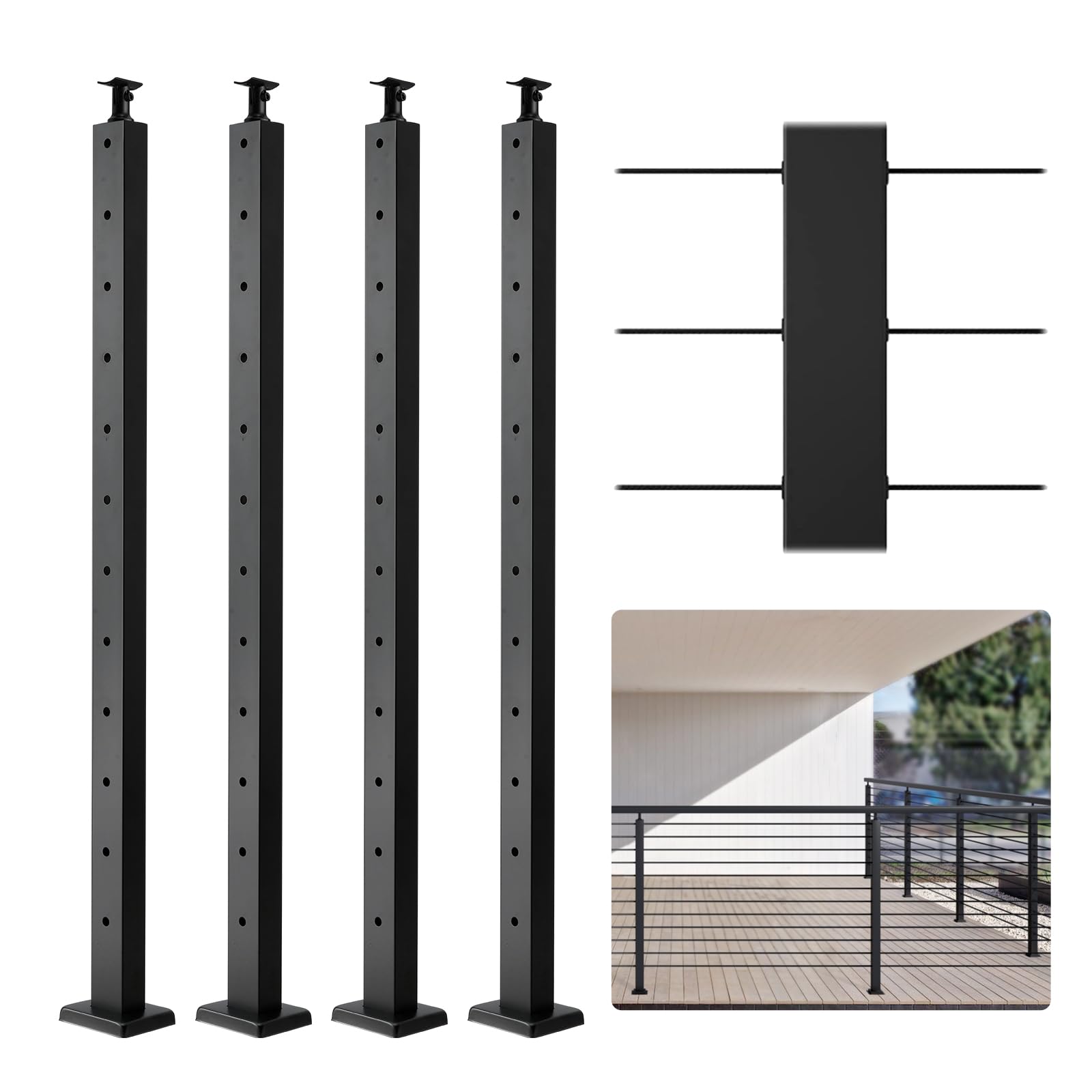Photo 1 of 4-Pack Cable Railing Post, 42" x 1" x 2" Steel Horizontal Hole Deck Railing Post, 12 Pre-Drilled Holes, SUS304 Stainless Steel Cable Rail Post with Horizontal and Curved Bracket, Black Black 42"x1x2 Level Drilled -4P