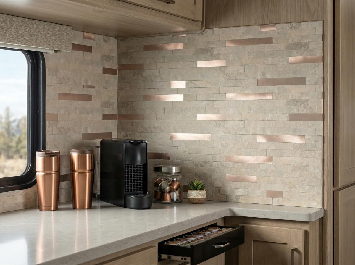 Yipscazo Piastrelle in legno e metallo, autoadesive, per paraschizzi cucina, bagno, lavanderia, camper, camino (30,5 x 30,5 cm, 10 fogli in rocce beige di pietra)