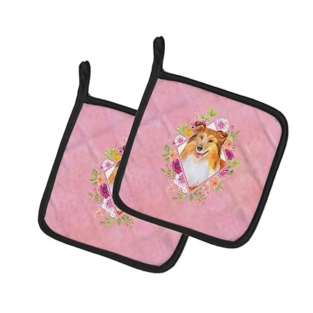 Caroline's Treasures CK4182PTHD Sheltie Shetland Sheepdog Pink Flowers Pair of Pot Holders potholders, Multicolor