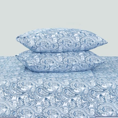 Image of Feather & Stitch Printed 500 TC Split King Size Sheet Set, 5 Piece Bed Sheets Set, 2 Twin Fitted Sheet, 1 King Flat Sheet & 2 King Pillowcases, 18 inch Deep Pockets Sateen Weave - Classic Blue Paisley