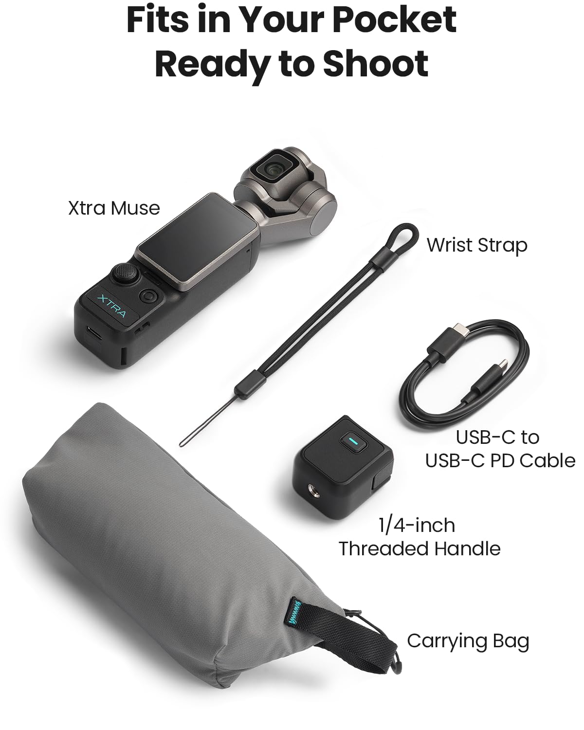 Xtra Muse con mini treppiede combo, fotocamera Vlogging con CMOS da 1 '' e video 4K/120fps, fotocamera tascabile con stabilizzatore cardanico a 3 assi, messa a fuoco rapida, videocamera digitale per
