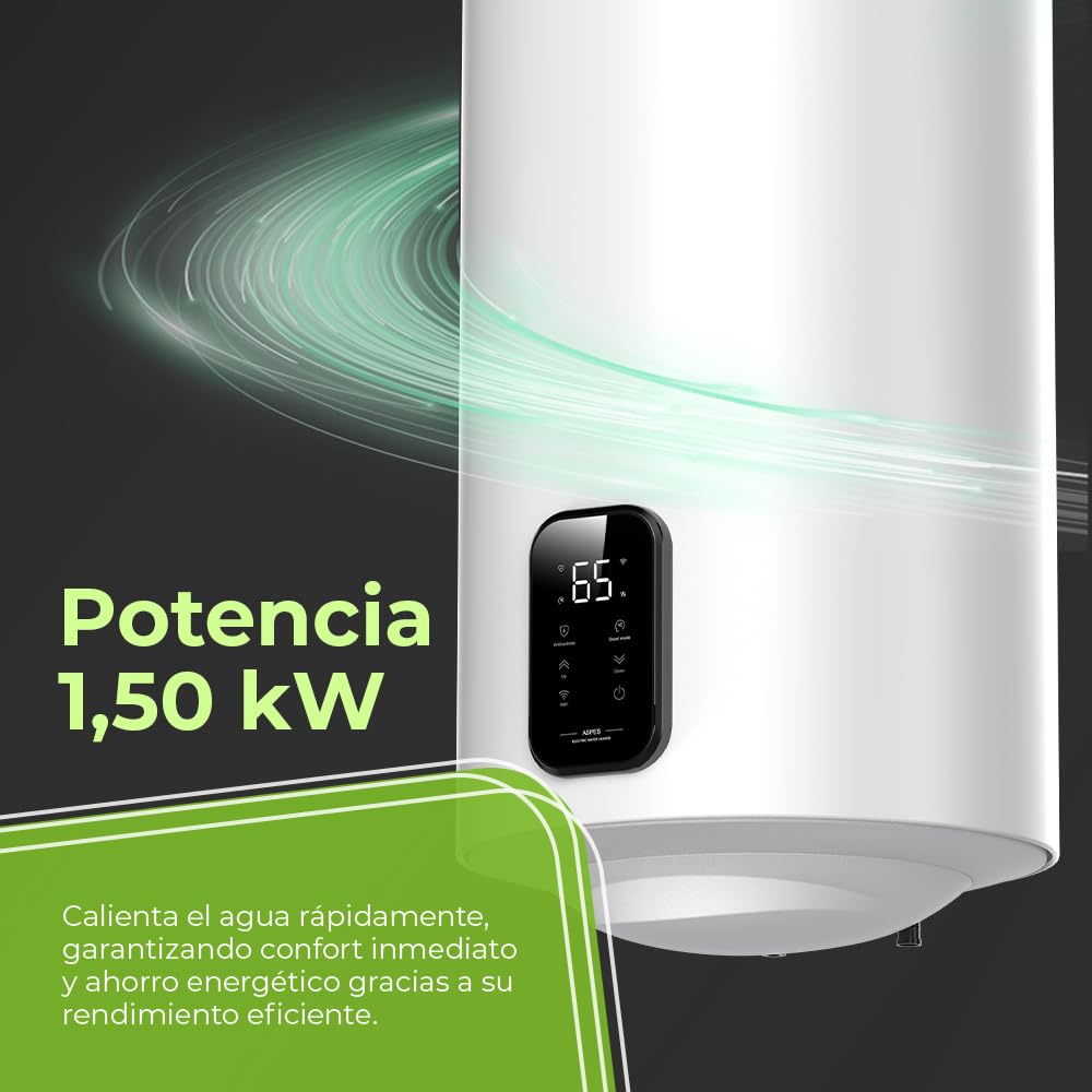 Aspes Termo Eléctrico 80 Litros, AT8000SDW. 1500W, Kit de Montaje Incluido, Resistencia de Acero Esmaltado, Termostato Digital, Temperatura Máx 93 º, Blanco, Eficiencia Energética B