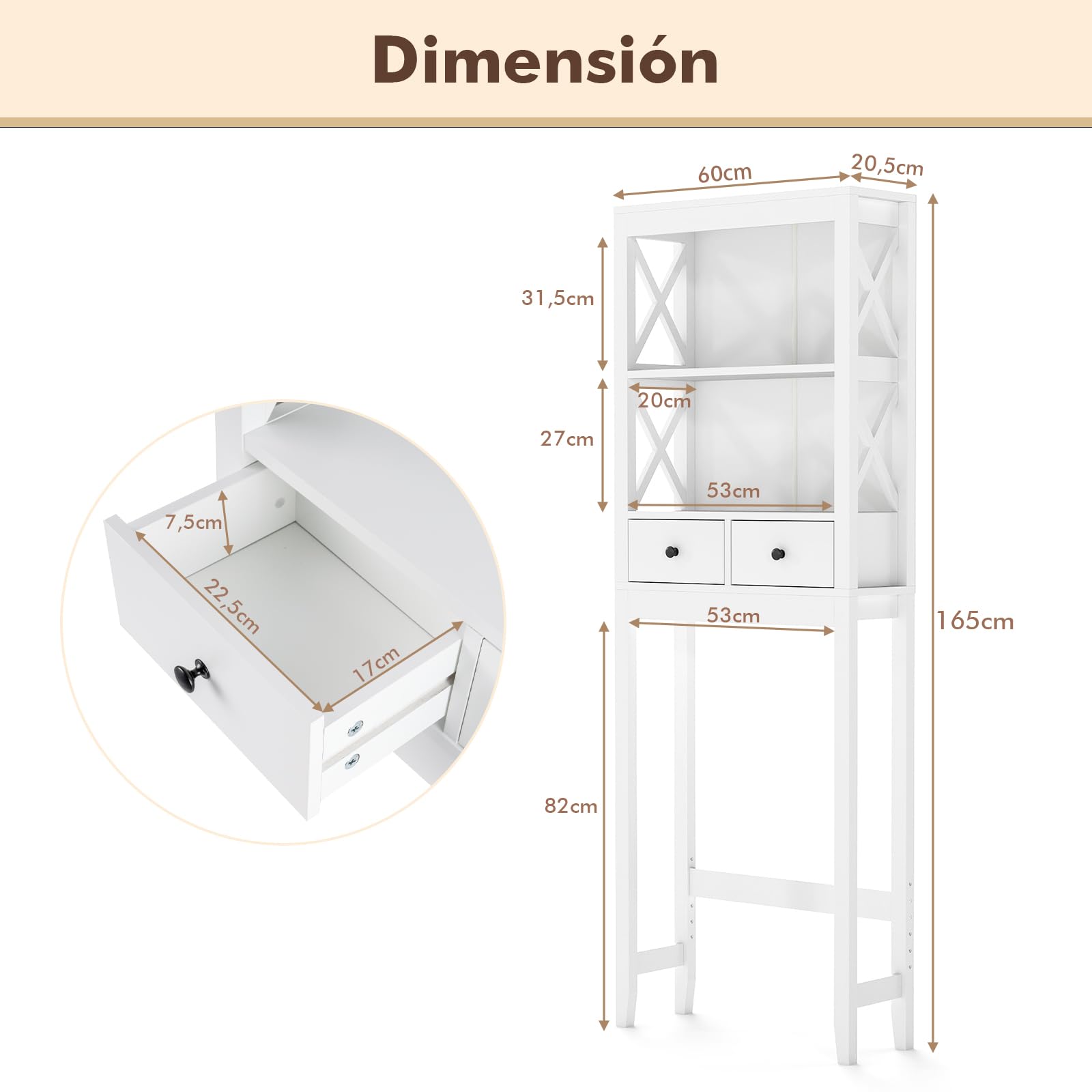 COSTWAY Estante de Almacenamiento sobre Inodoro, Organizador de Baño Independiente con Estantes Abiertos, Cajones y Barra Inferior Ajustable, 60 x 20,5 x 165 cm, Blanco