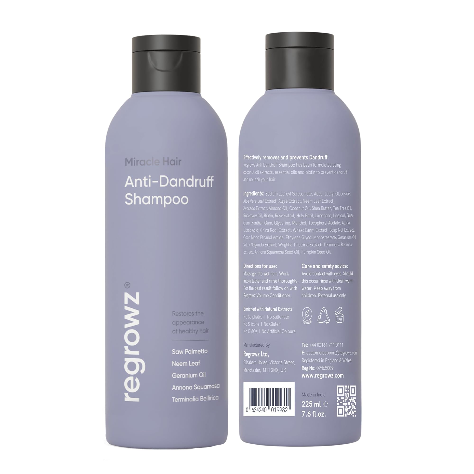 Regrowz Anti Dandruff Shampoo 7.6fl oz - For Dry, Itchy Scalp - Itch Relief Treatment & Removes Flakes - Moisturises for Healthy Vibrant Hair