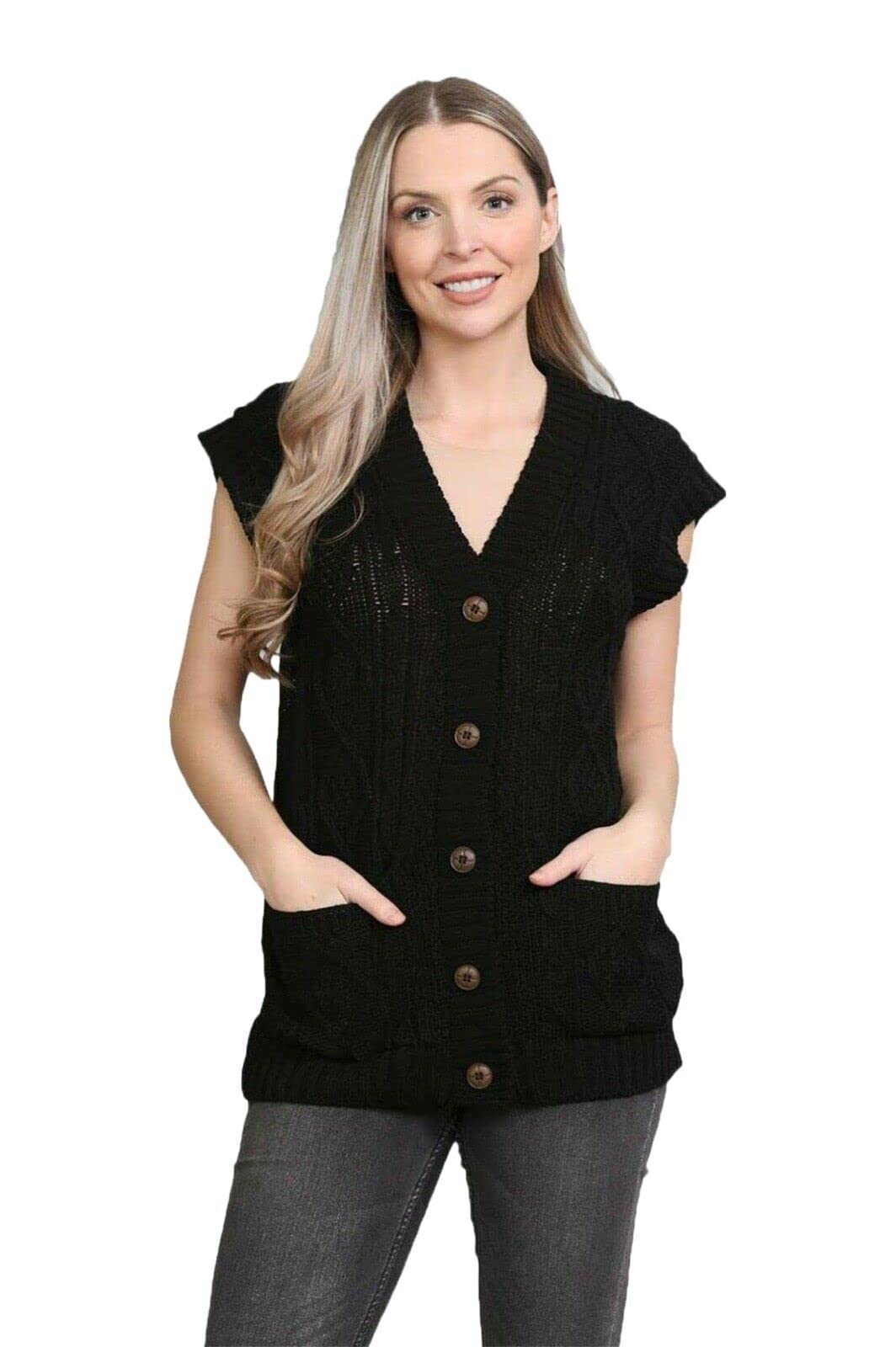 Wearall Women's Black Sleeveless Cable Knitted Grandad Cardigan 5 Button Casual Winter Sweater Waistcoat Top Plus 20-22