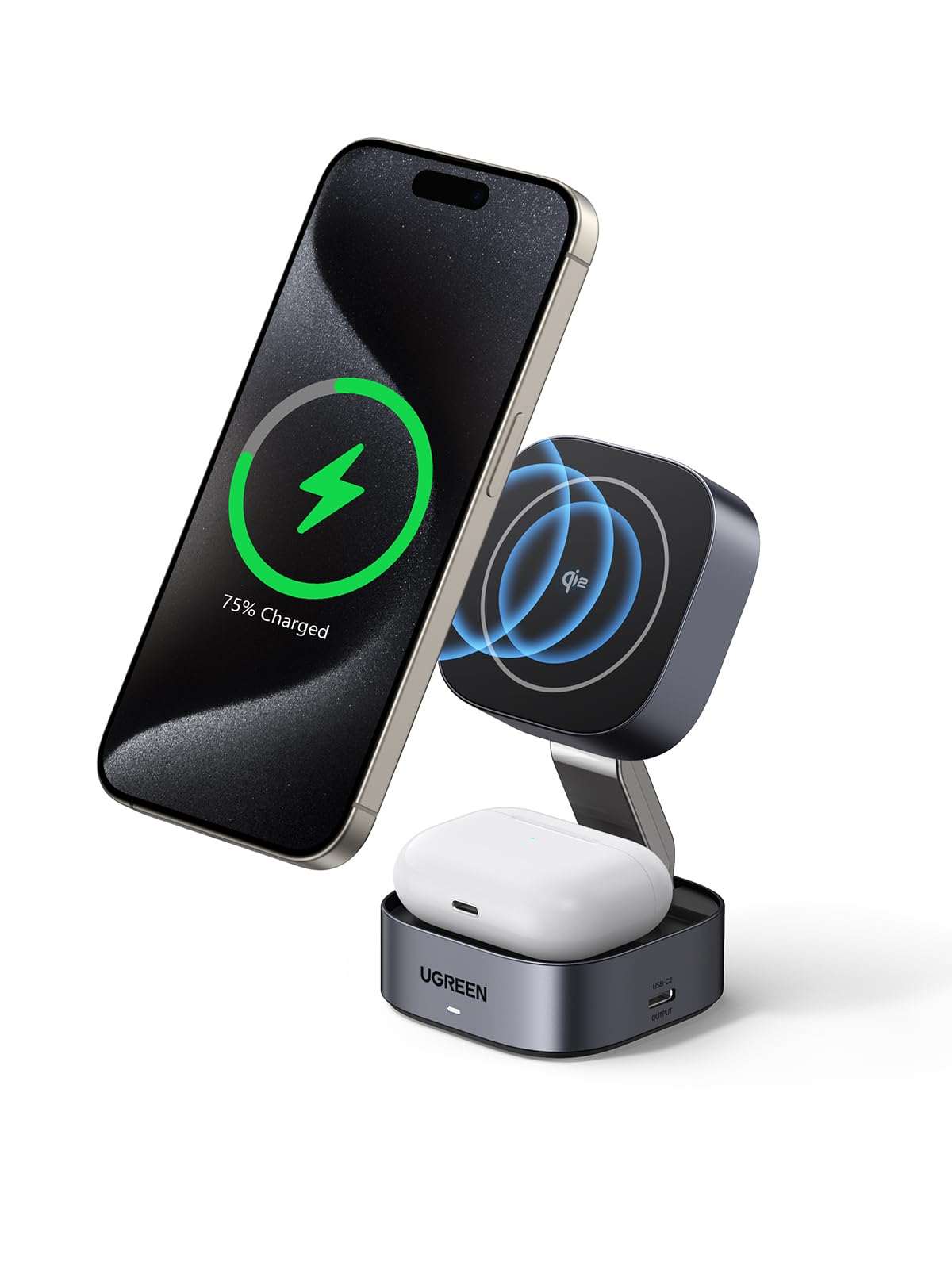 UGREEN MagFlow Qi2 15 W 2-w-1 składana stacja ładująca do iPhone'a z MagSafe | Kompatybilny z MagSafe 17 16 15 14 13 12 Air Plus Pro Max AirPods 4 3 Pro 3 2 1, składana, magnetyczna stacja ładująca
