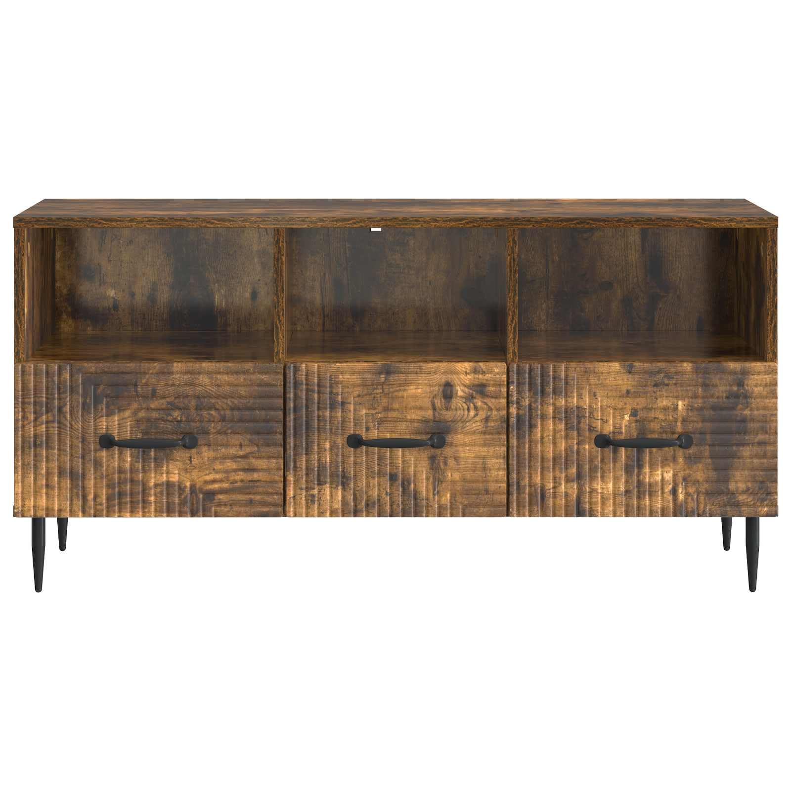 Szafka pod telewizor, dąb wędzony, 102 x 34,5 x 50 cm, materiał drewnopochodny z 3 szufladami, metalowe nogi czarne, meble multimedialne do salonu, kina domowego, porządek
