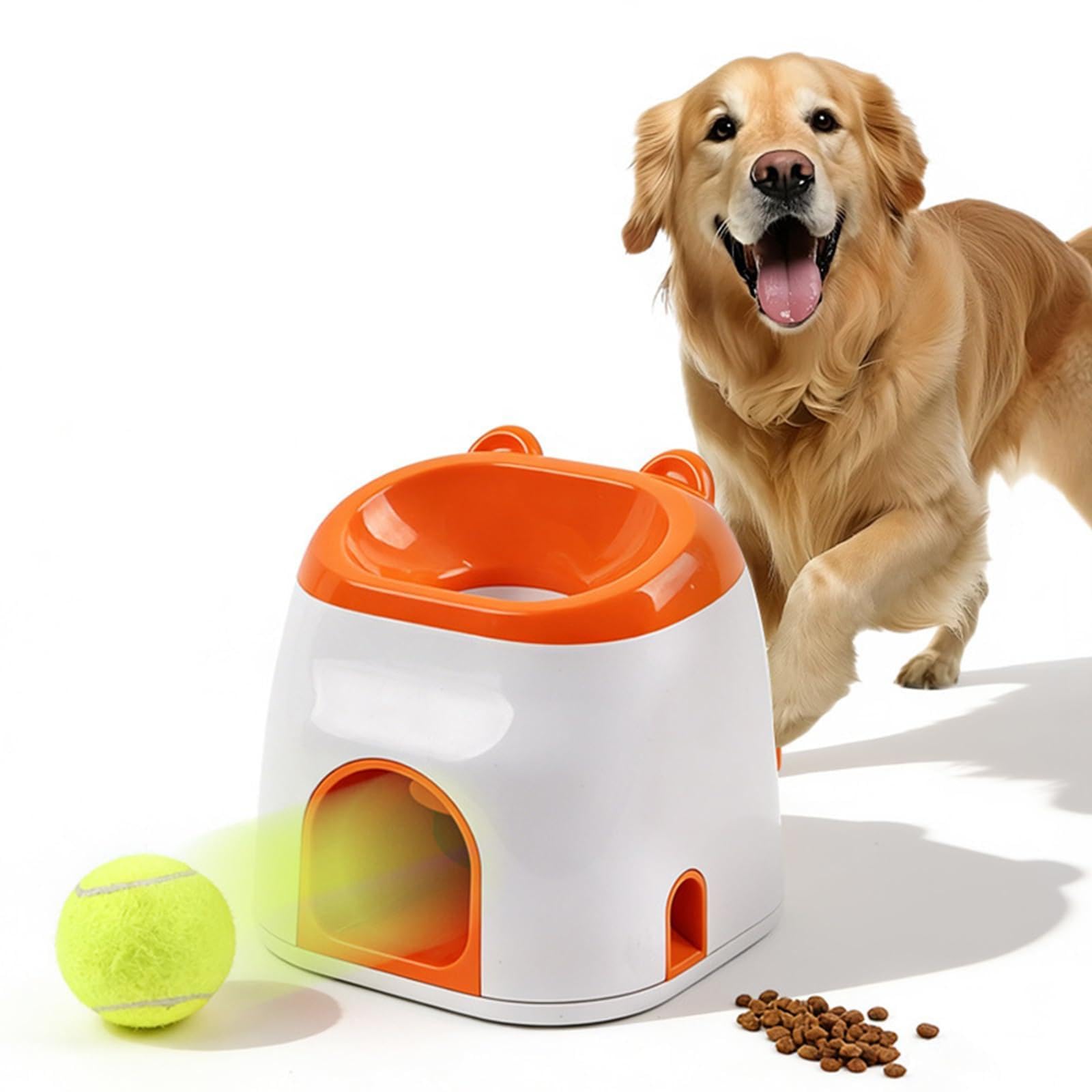 Automatischer Ballwerfer für Hunde, Ballwurfmaschine für Berichtsspiel mit Leckerli-Spender, Interaktive Ballwurfmaschine mit 1 Pcs 5cm Tennisbällen, Hundespielzeug für Hause & draußen