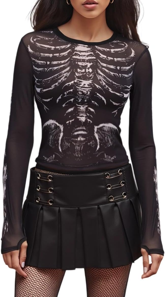 Adoeren Women Skeleton Print Mesh Shirt Gothic Graphic See Through Long Sleeve Crop Tee Blouse Slim Fit Sheer Top Party
