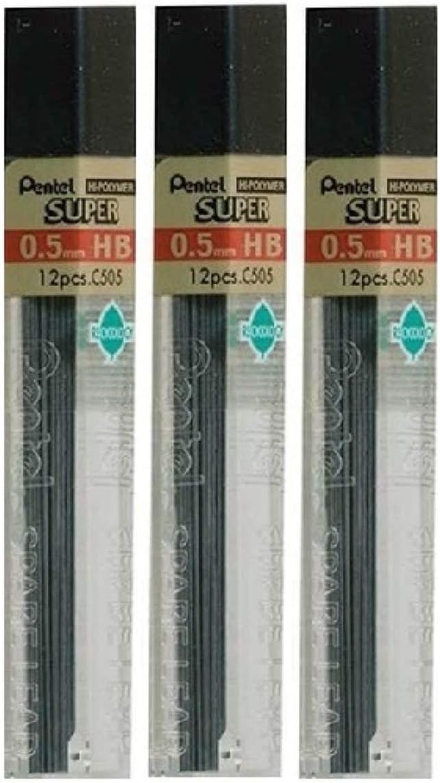 Pentel 0.5mm Size HB Shade Hardness Pencil Refill Replacement Spare Leads Hi Pollymer Super For Automatic & Mechanical Pencils (Pack Of 3 Tubes - 36 Pieces)