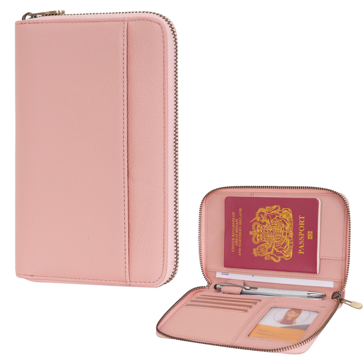 WASON Portefeuille Passeport de Voyage en Cuir avec Fermeture Éclair Protection RFID, Étui Passeport avec Compartiments pour Cartes, Argent, Pièce d'Identité, Carte d'Embarquement et Billets (Rose)