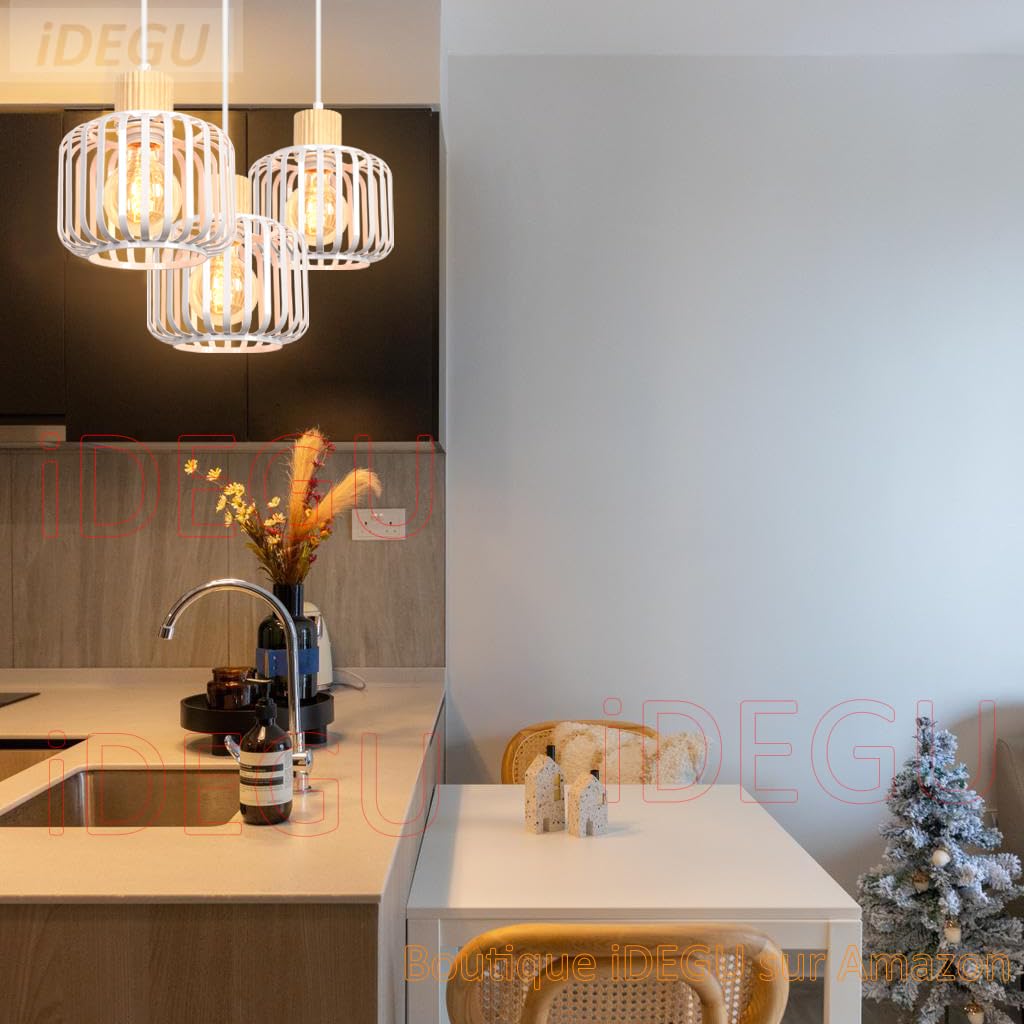 iDEGU 3 Luces Lámpara Colgante Vintage Lámpara de Techo en Madera y Metal Industrial Araña Colgante Diseño Jaula E27 Iluminación de Techo para Cocina Comedor Sala de Estar Restaurante (Barra, Negro)
