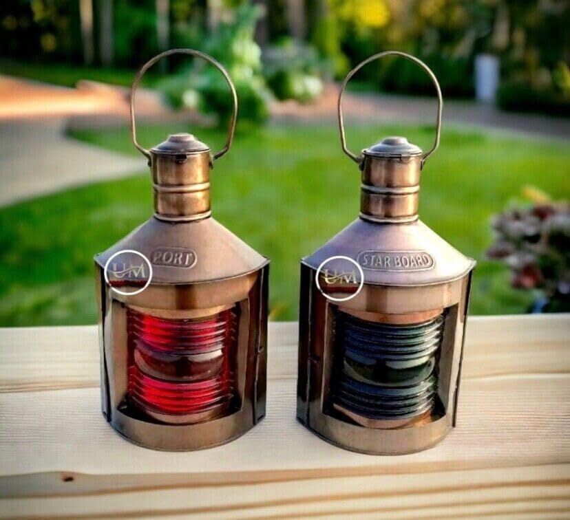Nautical Metal Port & Starboard Lanterns Green & Red Glass Oil Lamps Set of 2 Ship, Copper Antique, UM871