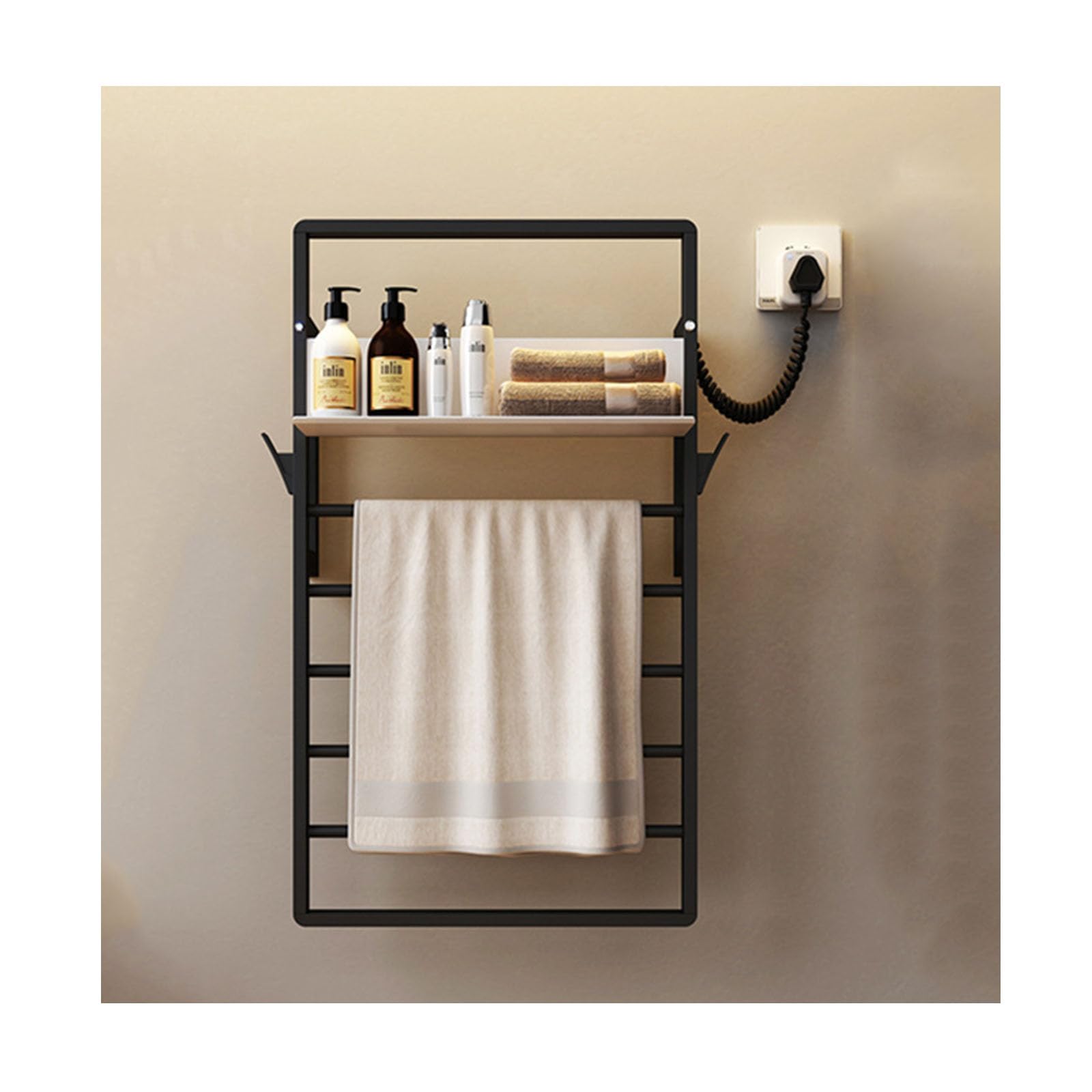 Toallero calefaccionado de pared negro de acero inoxidable con ganchos para baño