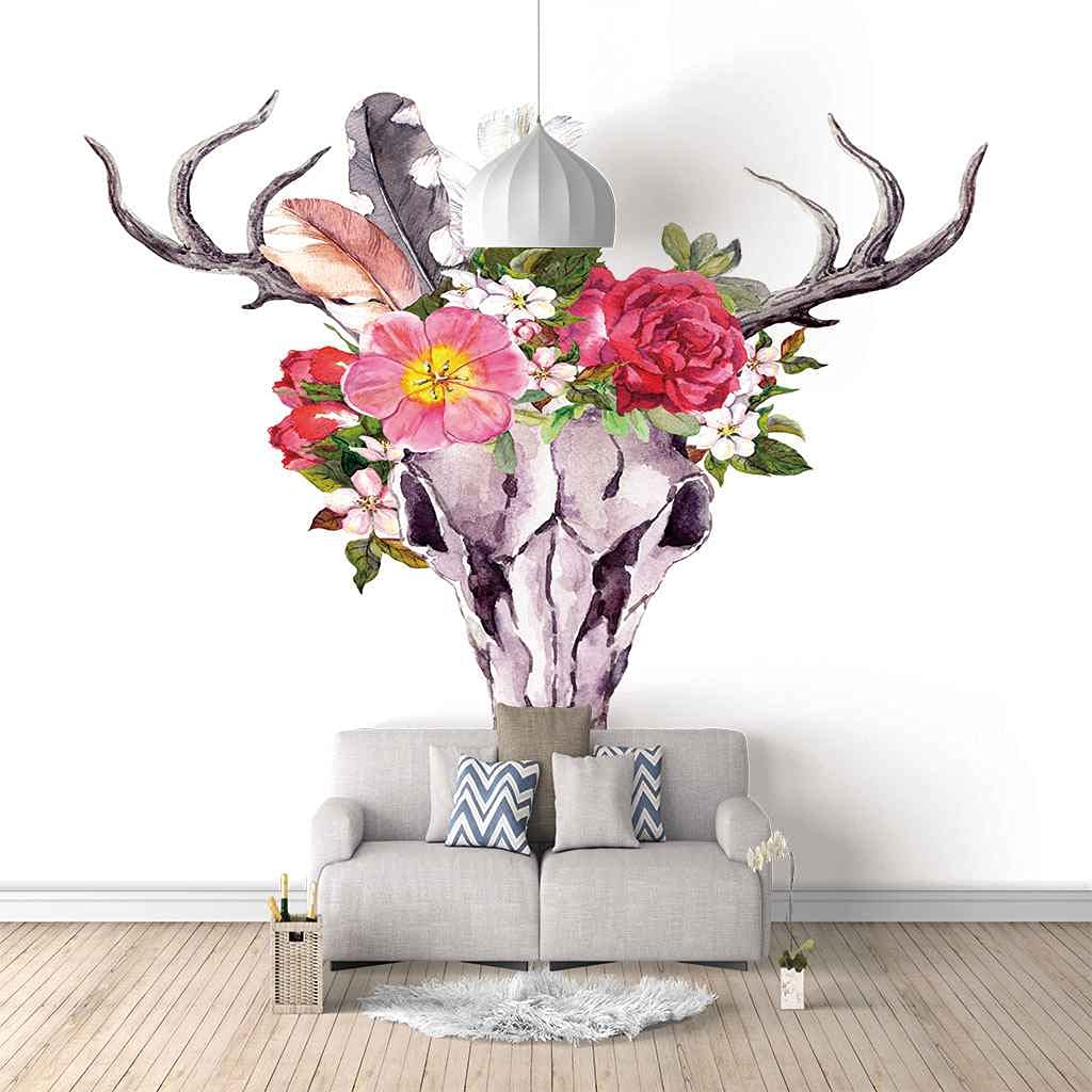 Papier peint panoramique 3D crâne de wapiti floral rouge mural 350x256 cm