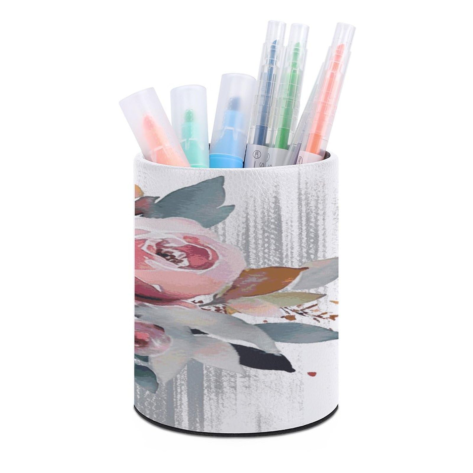 MUSM Watercolor Floral Corner Bouquet Pen Holder Large Capacity Pen Holder Modern PU Pencil Holders Durable Waterproof Pens Cup for Home Office Desktop Organizer