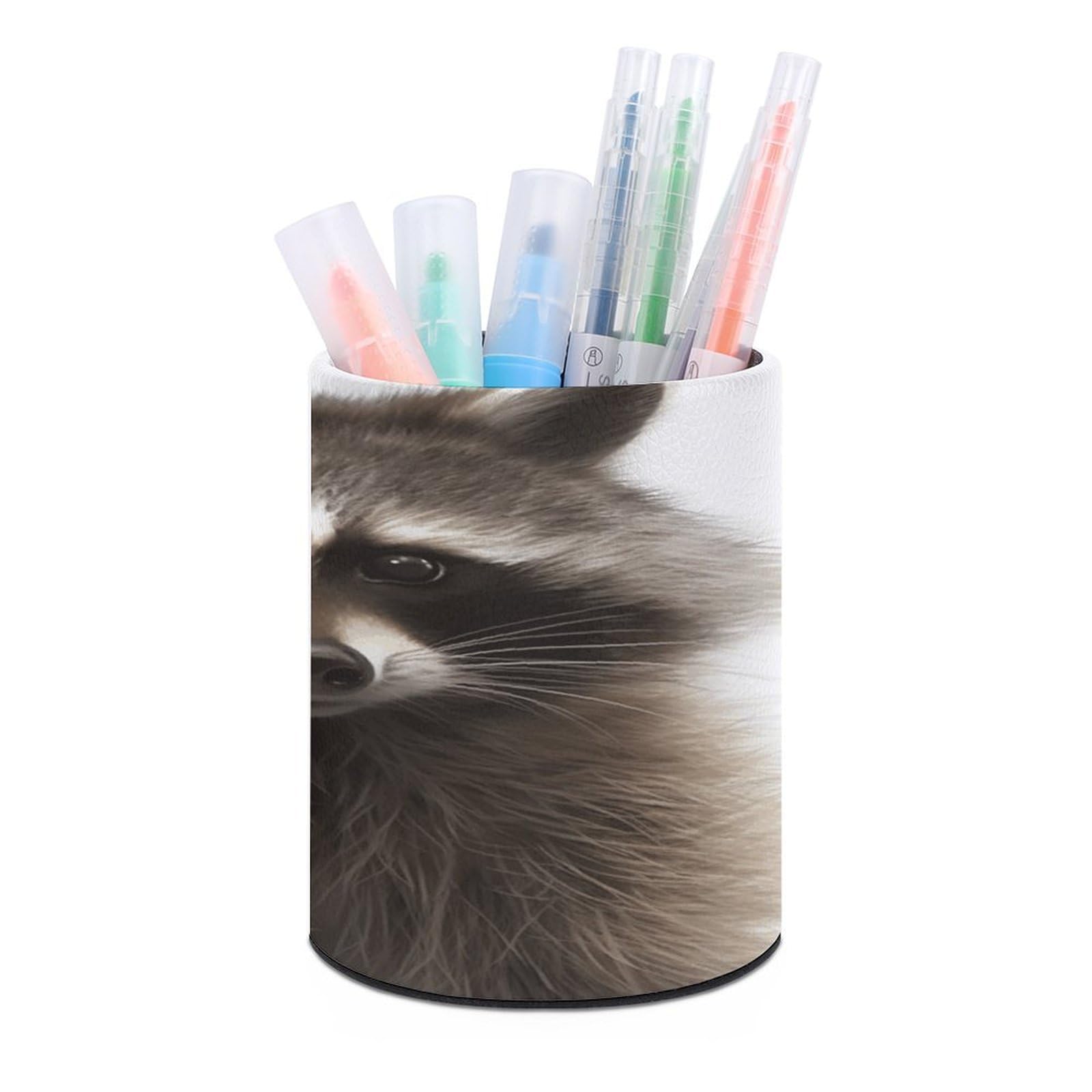 VstaDank Hairy Raccoon Pen Holder Leather Pencil Cup Round Pencil Holder for Desk Organizer Personalized Pen Cup Fashion Pen Organizer Makeup Brush Holders for Office Home&Gift