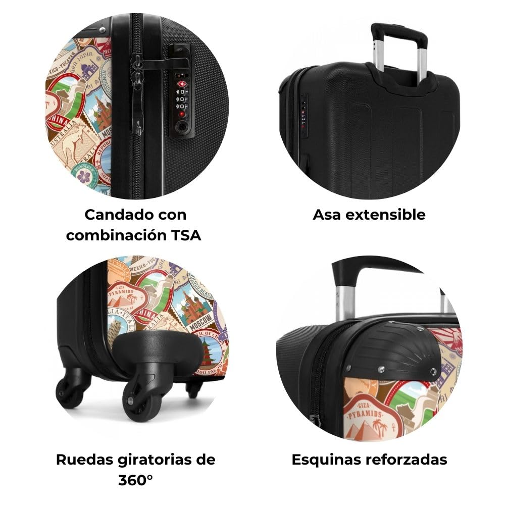 NoBoringSuitcases.com® Maletas de Viaje Cabina, Equipaje de Mano, Trolley con 4 Ruedas giratorias rotación de 360, Divertidas, TSA Cerradura, 10kg Avion, 55x40x20 cm Patrón de destinos