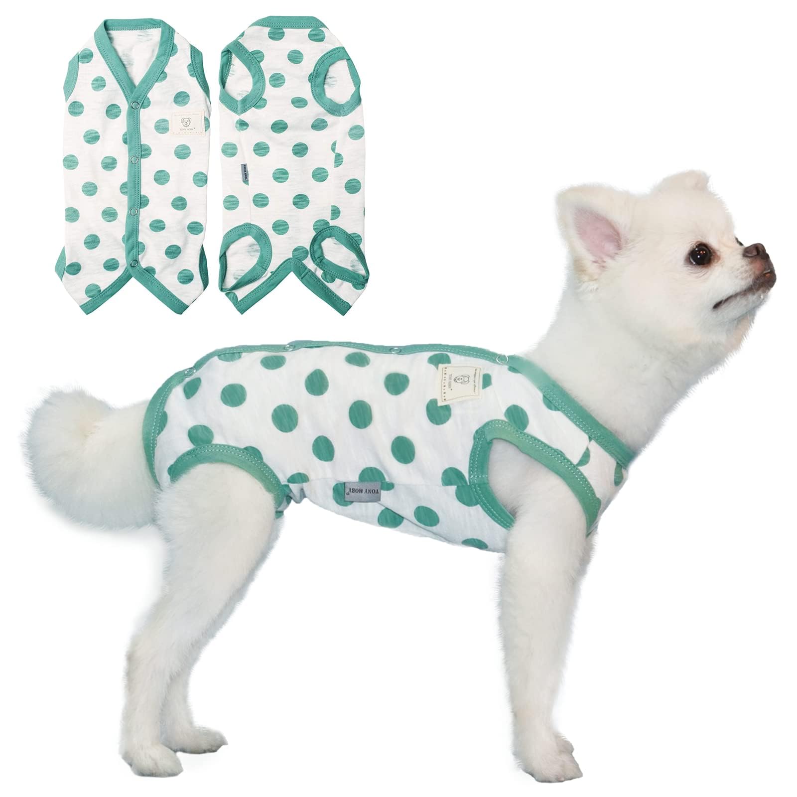 TONY HOBY Summer Dog Jumpsuit, Soft Breathable Dog Pajamas with Polka Dots, Dogs Shirts for Small Medium Dogs (Dark Green, XL)