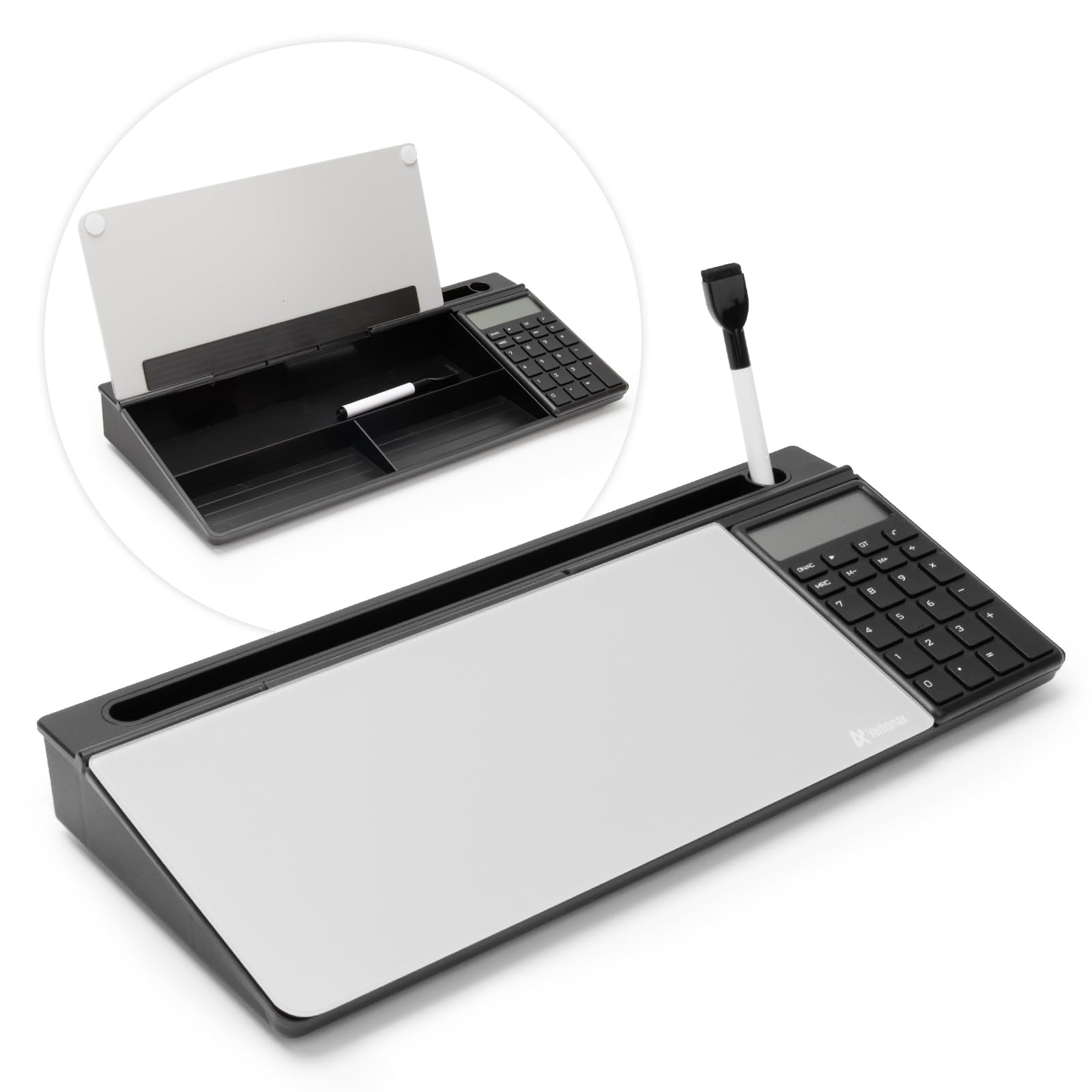 Varhomax Glass Desk Whiteboard with Calculator, Desktop Dry Erase White Board with Storage, to Do List Memo Notepad for Home and Office