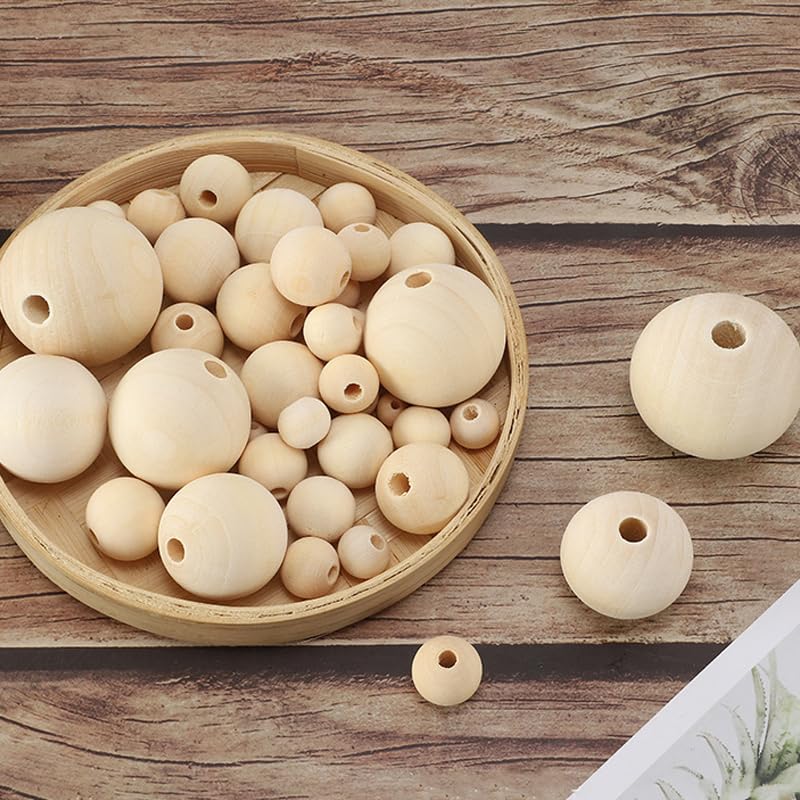HERZONE Lot De 50 Perles Rondes En Bois Naturel à Enfiler - 25 Mm