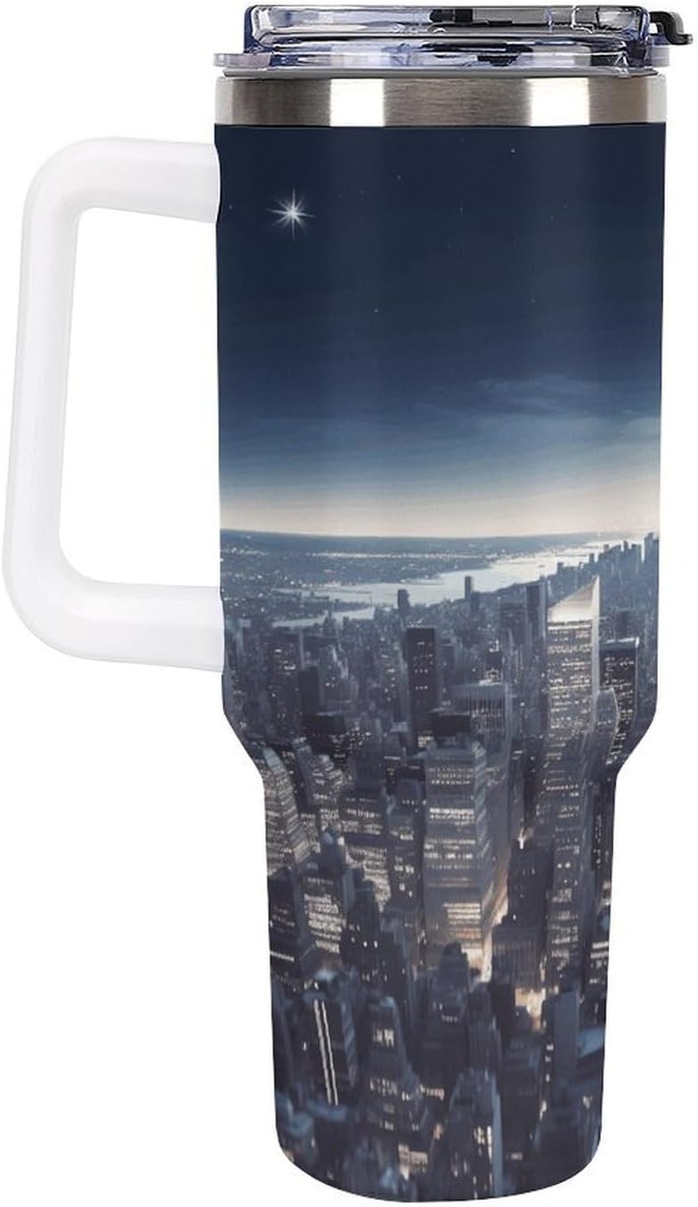 New York City Travel Coffee Mug Reusable Durable Stainless Steel Insulated Tumbler with Handle And Straw Leak Resistant Portable Thermal Cup Gifts for Men Women 40 Oz