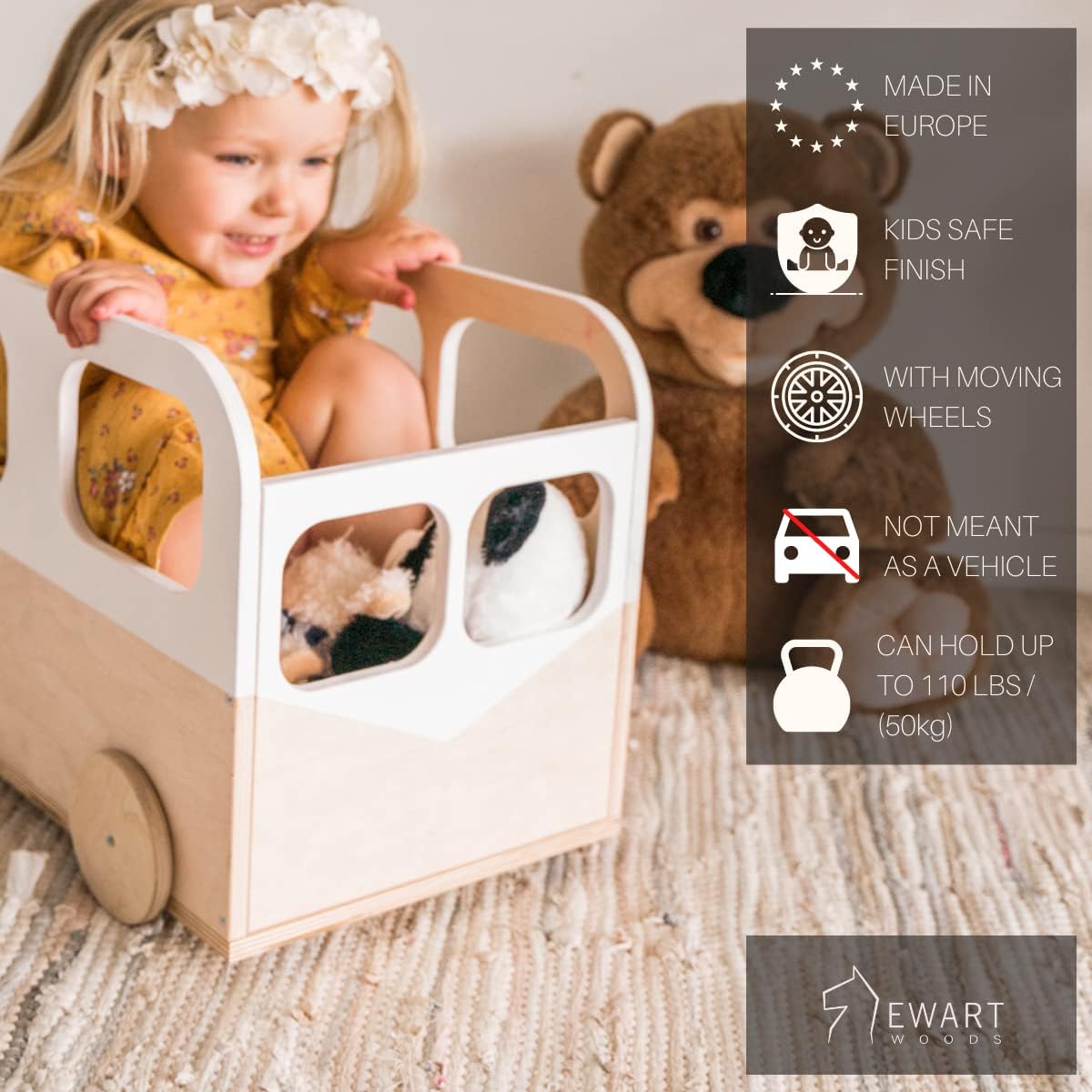 EWART WOODS Wooden toy box Kids toy storage book bin nursery bookshelf baby room furniture bookcase organizer with wheels