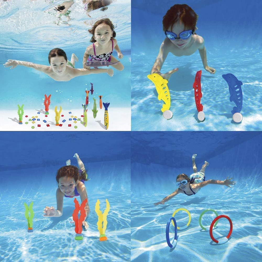 faburo 34pcs Jouets de Plongée, Jouets de Piscine pour Enfants 5-12 Ans, Anneau de Plongée sous-Marine, Ensemble de Jouets de Plongée avec Anneaux de Plongée & Dauphins & Herbes Marines etc