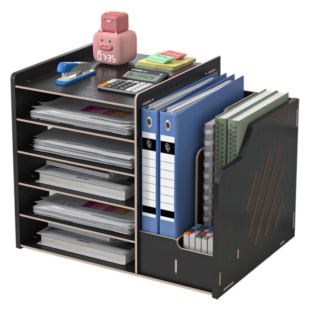 Hggzeg Organizador de escritorio de madera, organizador de escritorio de gran capacidad, organizador de archivos, organizador de documentos de papel A4, caja de almacenamiento de suministros de
