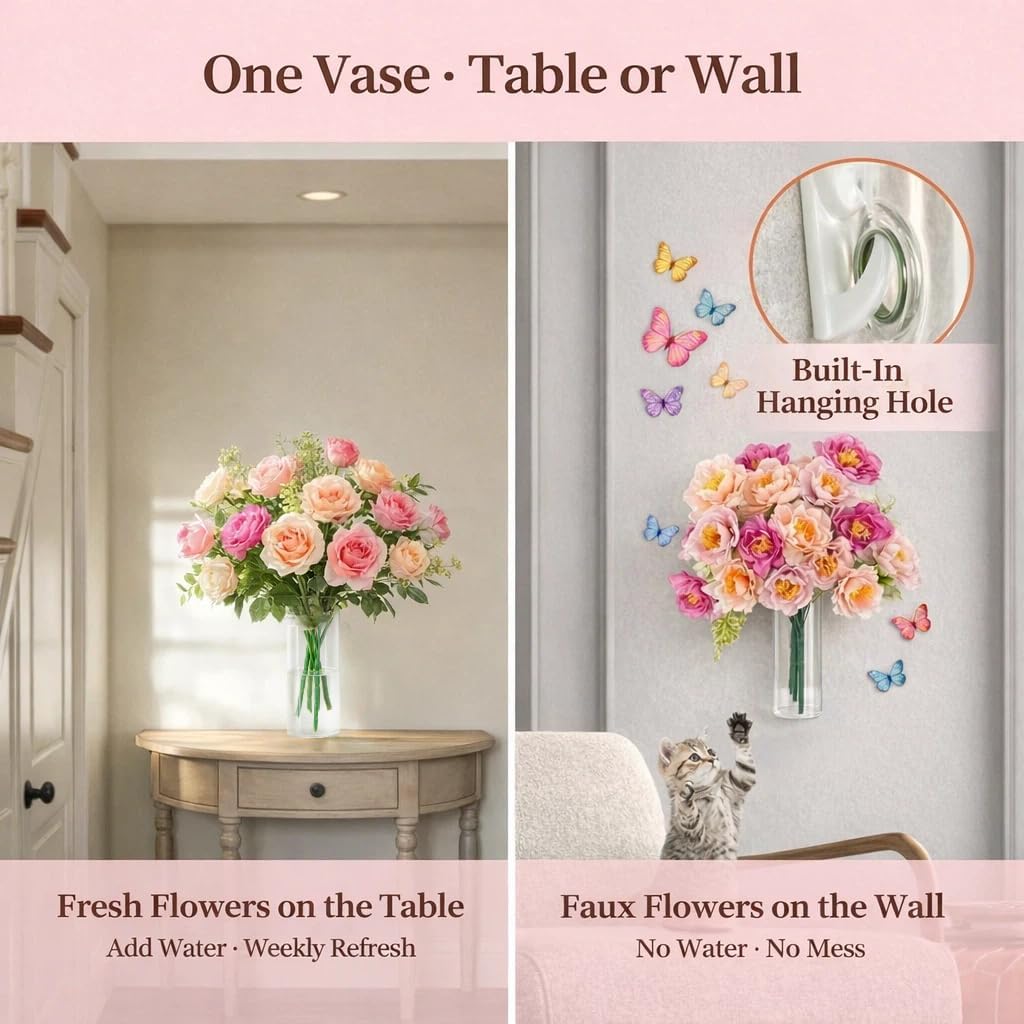Faux Peonies Wall Decor (18-Head), Damage-Free Hanging Glass Wall Vase with Artificial Flowers & Butterfly Accents, Renter-Friendly Spring Floral Wall Art for Apartments, Dorm Rooms & Bedroom