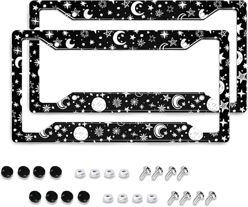 Miniatura 1 de Marco de matrícula con diseño de estrella y luna para mujer, paquete de 2 soportes para placa frontal de cielo y galaxia, metal inoxidable,