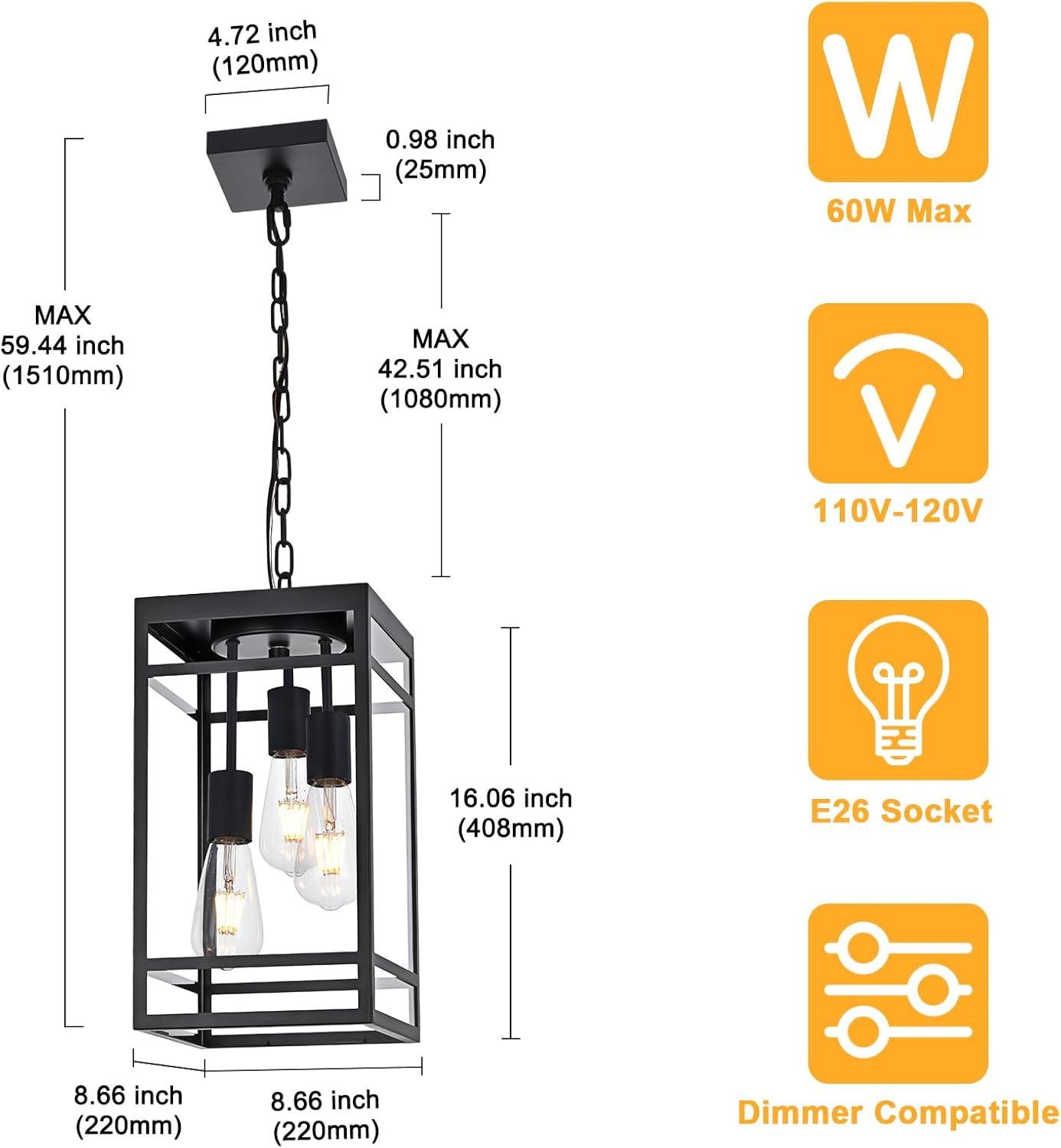 3-Light Outdoor Pendant Lights for Porch, Black Outdoor Chandelier 16'' Large Exterior Hanging Porch Light Fixtures with Clear Glass, Waterproof Outside Pendant Lantern for Garage Foyer