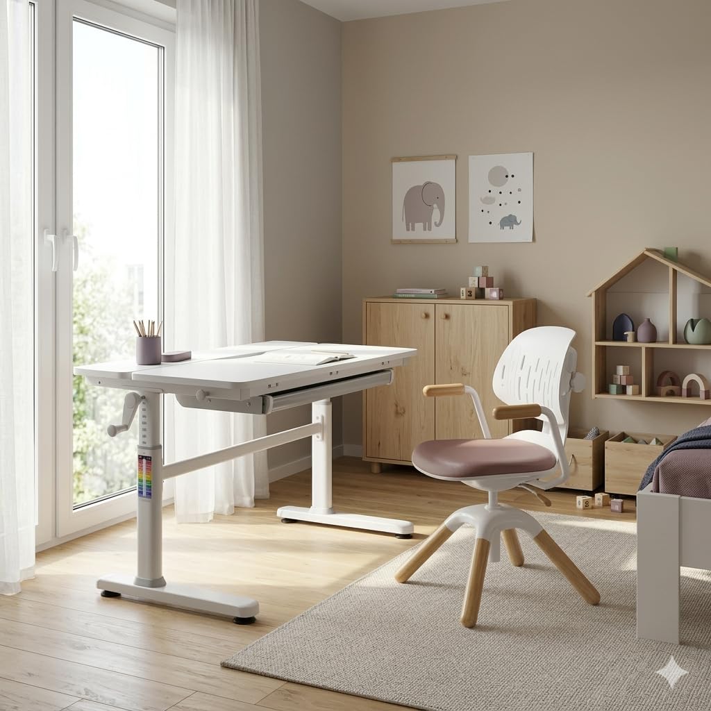 HOKO Kinderdrehstuhl höhenverstellbar, Jugendstuhl ohne Rollen, bis 120 kg | dynamisch mitbewegende Rückenlehne, Sitzhöhe von 40-50 cm, 360° drehbar, 30° neigbar, für Kinder ab ca. 125 cm, Rosa, LAURA