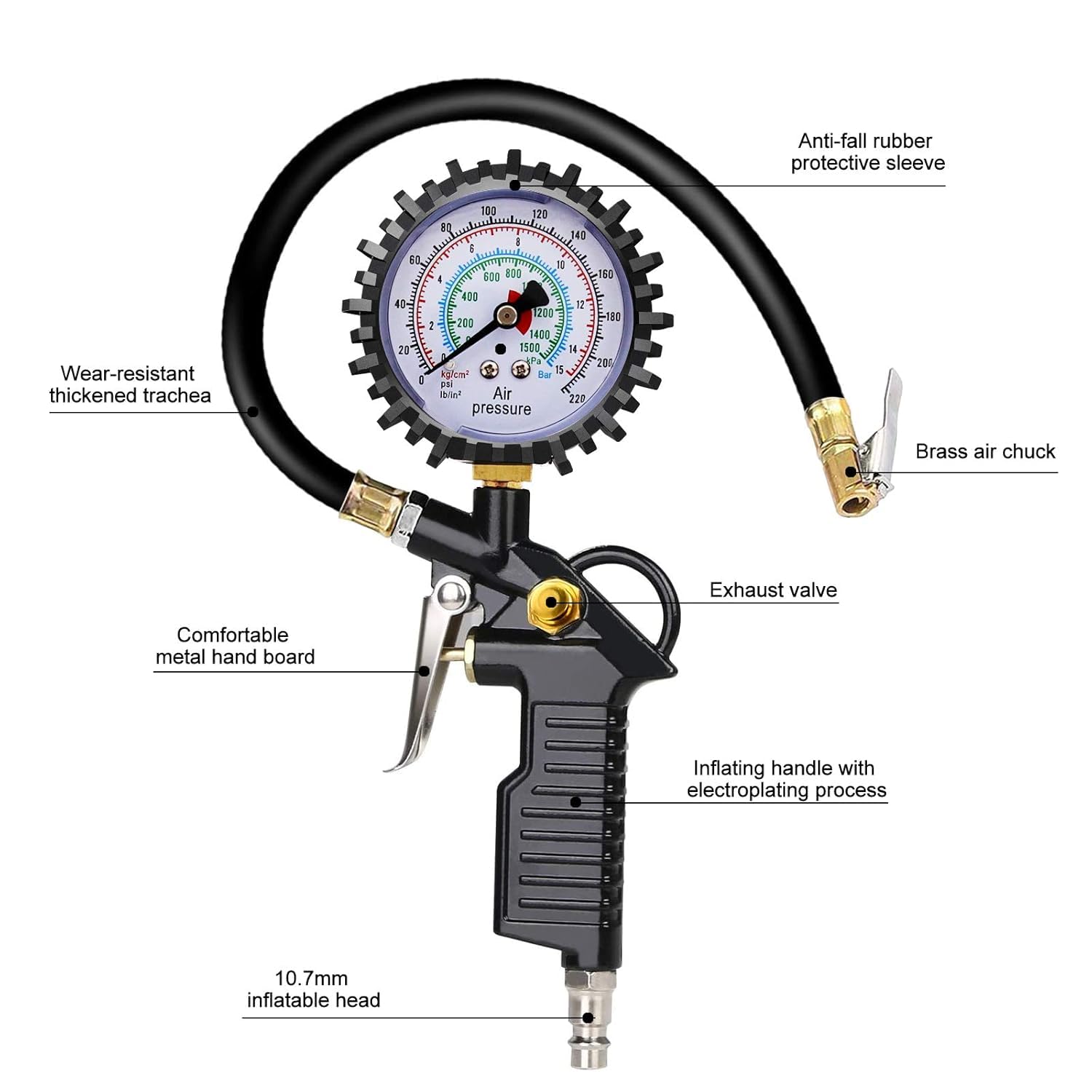 BURNNOVE Manometro per Pneumatici 220 PSI Manometro Pressione Gomme con 4 Tappi Valvola 2 Ugelli 1 Valvola Francese 1 Stelo di Prolunga in Metallo 90 Gradi per Auto Moto Biciclette