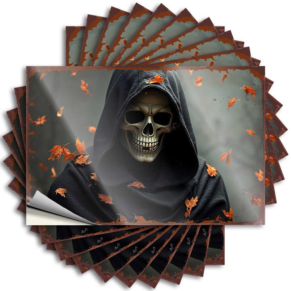 Play Room Decorations Case Sticker | Skull in Black Cloak Amidst Falling Autumn Leaves Heavy Durable Vinyl Sticker Easy Apply for Things(12X18CM)