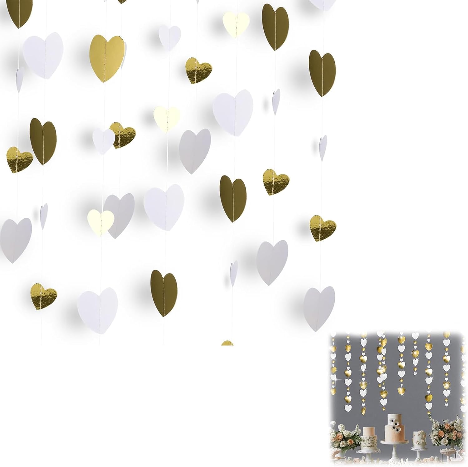 52ft Love Heart Garland Hanging Streamers, White and Gold Love Heart